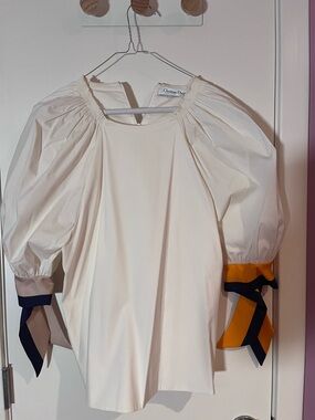 Dior Ivory Puff Sleeve Blouse with Navy and Gold Ribbon Cuffs